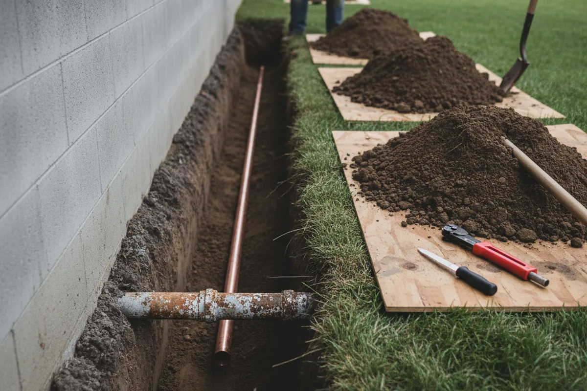Excavated water line trench during Sewer Line Repair in Plainville